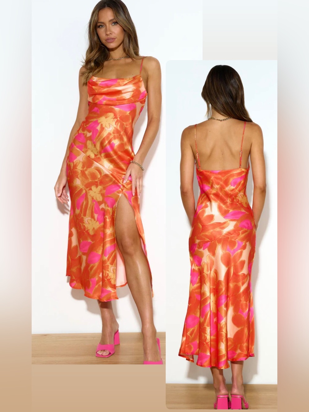 Hello Molly Satin Cowl Neck Floral Slip Dress in Orange & Pink